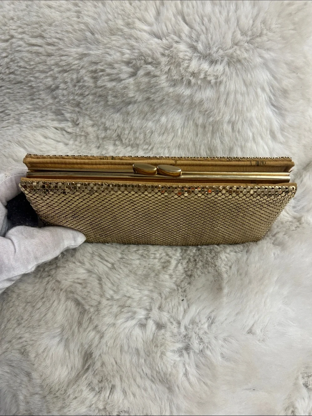 Whiting and Davis Vintage 1970’s gold mesh organizer clutch wallet